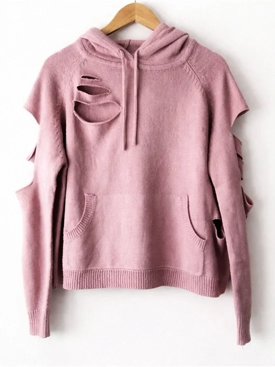 LOLA x LF Shredded Deconstructed Upcycled Knit Hoodie Sweater Dusty Rose Small - Picture 8 of 9